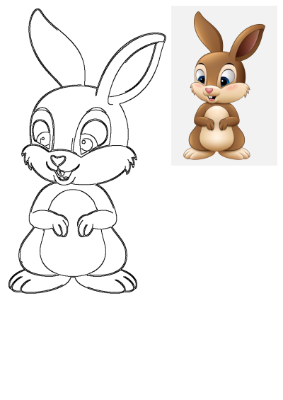 Cartoon image of a cute brown rabbit sitting. It has big blue eyes, a pink nose, and is smiling. A delightful illustration of a rabbit.