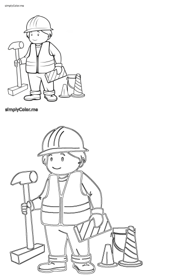 Construction worker coloring page featuring a smiling construction worker with tools and traffic cones, ready to be colored in.