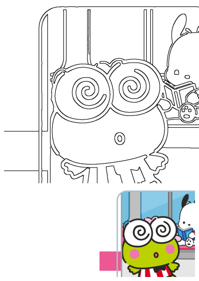 Cartoon image of Keroppi and Pochacco sitting on a train, with Keroppi in the foreground and Pochacco reading a book.