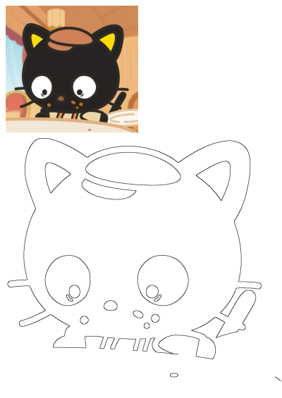 Cartoon image of a black cat sitting on top of a table next to a bowl and spoons. The cat has big eyes and a funny expression. 