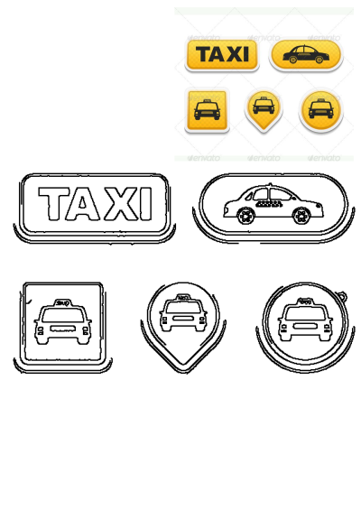 Image shows taxi cab stickers and miscellaneous business objects, including yellow and black taxi logos in various shapes. Vector illustration.