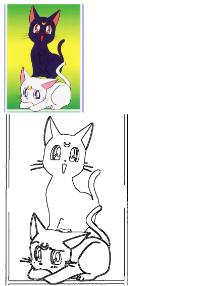 Two cartoon cats, one black and one white, sit side-by-side on a green and blue background, as described in the alt text. Caption's name included.