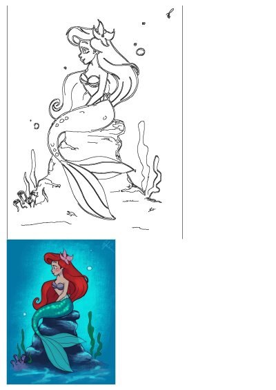 Illustration of the little mermaid Ariel sitting on a rock in the ocean. The little mermaid is sitting on top of a rock in the sea.