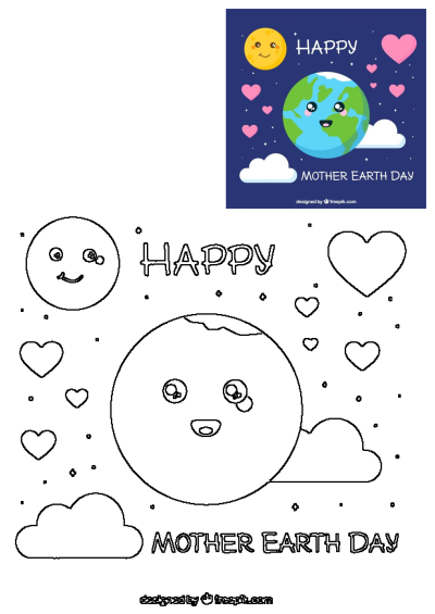 Happy Mother Earth Day! Image of earth with hearts, a moon and clouds; celebrating Earth Day with love and appreciation for our planet.