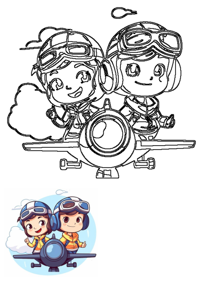 Cartoon illustration of two children sitting on top of an airplane, dressed as pilots. Ready for adventure and fun with smiles. 