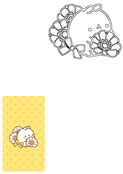 Cute white animal with flowers on its back sitting in front of a bright yellow polka dot background, adorable animal cartoon.