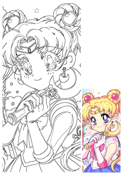 A charming image of Sailor Moon in a cute, kawaii style. She is holding a wand in gloved hands with a gentle smile and moon earrings.