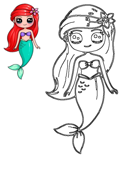 A cute cartoon illustration of Ariel, the Little Mermaid, with red hair, a purple shell bra, and a green mermaid tail. 