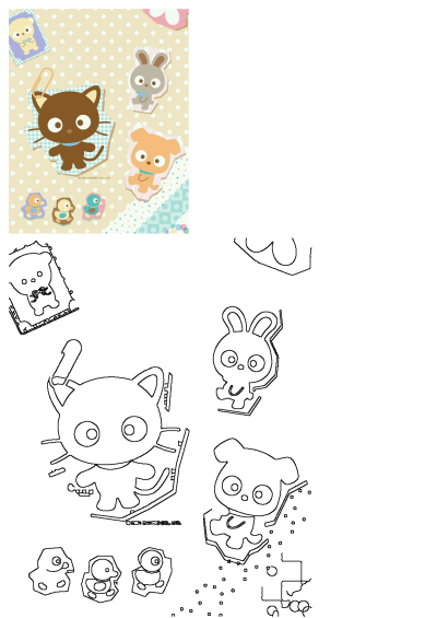 An animal sticker is on the ground. The image shows a pattern with sanrio animals, including cats, dogs, a bear and ducks.