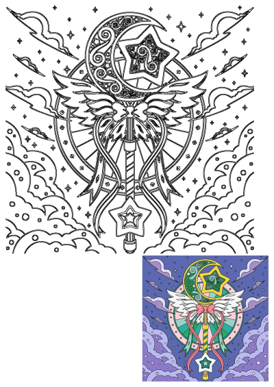 A drawing of a wand with star at the end, bow and wings, and with a crescent moon and a star shape at the top, held by an angel in the sky with clouds and stars.