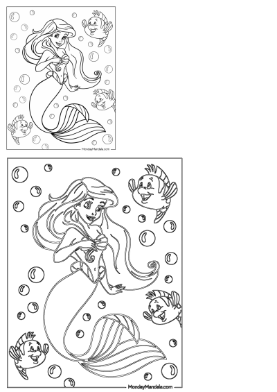 The little mermaid is swimming in the ocean with her friends in this coloring page, perfect for both kids and adults to enjoy.