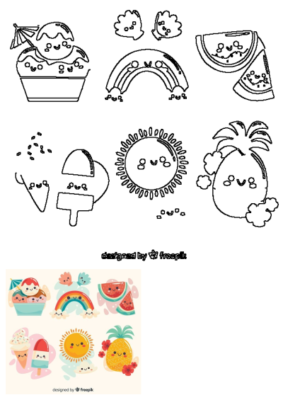 A cute summer illustration with ice cream, watermelon, pineapple, and sun, plus a rainbow. Perfect for adding a touch of summer fun to your designs!