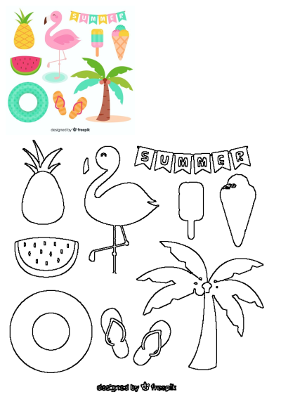 A delightful summer scene featuring a flamingo, pineapple, watermelon, ice cream, and other fun elements on a clean white background.