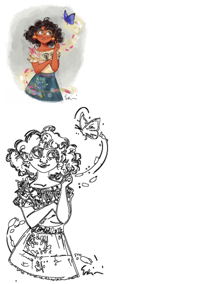 Drawing of Mirabel Madrigal with curly hair and a butterfly flying nearby. She is holding something in her hand, gazing at the butterfly.