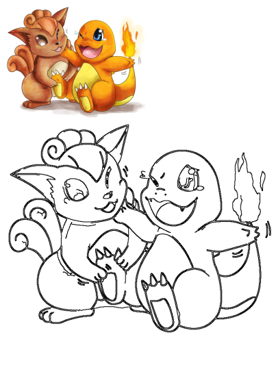 A cute fan art of Vulpix and Charmander with big smiles :D. The Charmander has tears in his eyes and a flame on his tail.