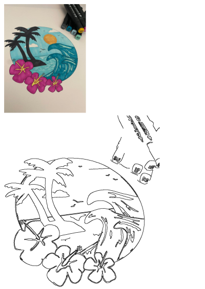 A colorful drawing of a tropical island with palm trees, ocean waves, a sun, and pink hibiscus flowers with yellow centers, plus coloring markers.