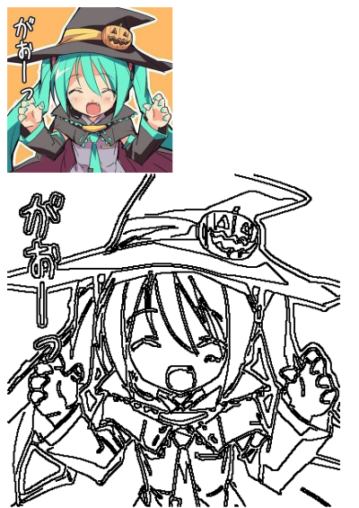 A teal-haired anime girl dressed as a Halloween witch with a pumpkin on her hat and playfully spooky pose. Manga style text beside her.