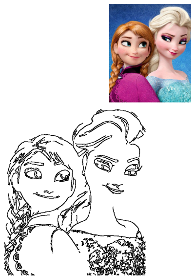 Two frozen princesses, Anna and Elsa, stand side-by-side in a heartwarming portrait, showcasing their sisterly bond. 