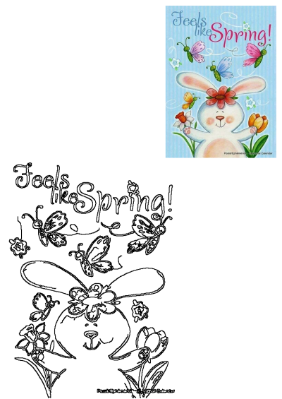 Festive easter bunny illustration with butterflies on its head and spring flowers, with the text "Feels Like Spring!" on a blue background.