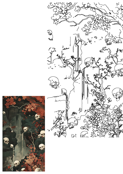 an artistic painting with skulls and flowers on the side of a cliff, surrounded by trees