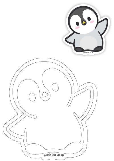 A cute cartoon penguin sticker waving with a black outline, pink cheeks and yellow beak. Blank tag co. is written at the bottom.