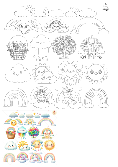 A bunch of clouds and rainbows in the sky with sun, cloud, tree, flowers. Cute kawaii clipart featuring whimsical weather and nature elements.