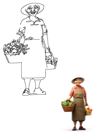 an old woman holding a basket full of fruit and vegetables on a white background photo