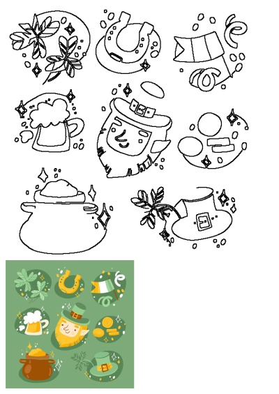 St. Patrick's Day icons and symbols in a flat design illustration, including shamrocks, horseshoe, Leprechaun, pot of gold, and beer.