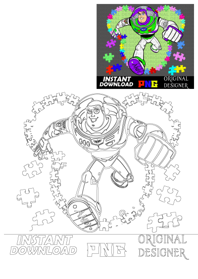 Buzz Lightyear from Toy Story surrounded by colorful puzzle pieces. This image captures the fun and playful spirit of the beloved character.