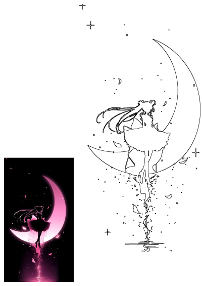 Silhouette of Sailor Moon, standing on a pink crescent moon in a dark, starry sky. Anime girl, fantasy, and magical girl concept.