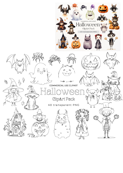 Halloween clipart pack with pumpkins, bats, ghosts and other Halloween characters for commercial use in design projects.