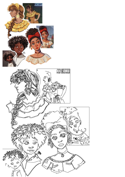 Four different illustrations of female characters from Encanto, wearing dresses and headbands; one illustration features curly hair. 