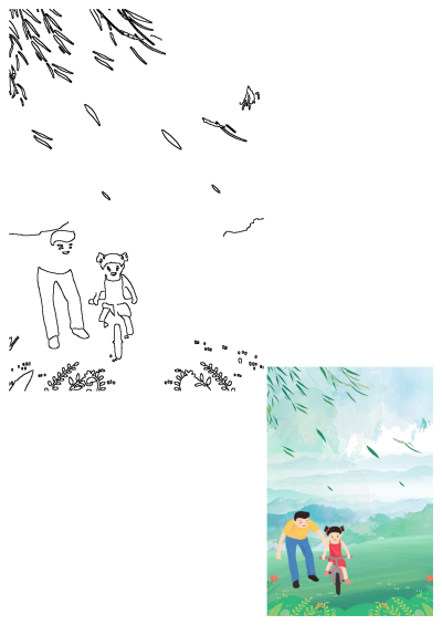 Watercolor illustration of a father helping his daughter learn to ride a bike in a scenic mountain landscape. Cute and happy family moment.