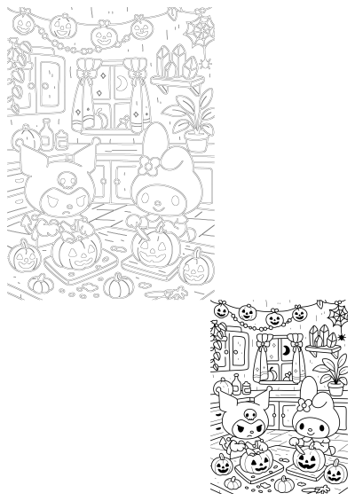 A delightful Halloween coloring page featuring Kuromi and My Melody happily carving pumpkins in a cute kitchen setting. Perfect for spooky season fun!
