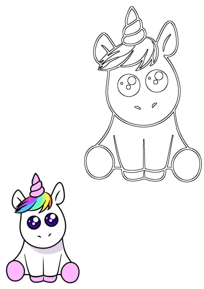 Adorable baby unicorn featuring a rainbow mane and pink horn, accompanied by its black outline design for creative fun.