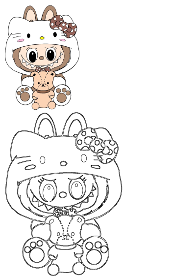 Cute cartoon character wearing a Hello Kitty hoodie, holding a teddy bear. Adorable illustration for kids. 