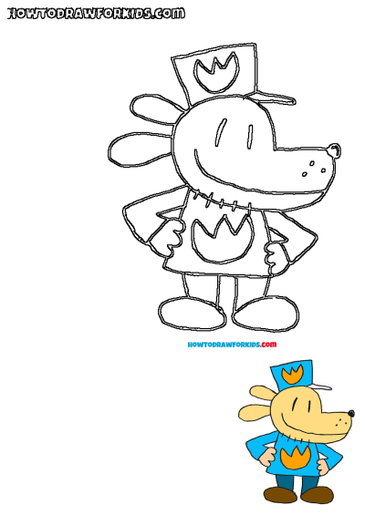 Drawing of a cute dog wearing a blue outfit with a flame design on its chest, ready for action and adventure. A fun and colorful illustration.