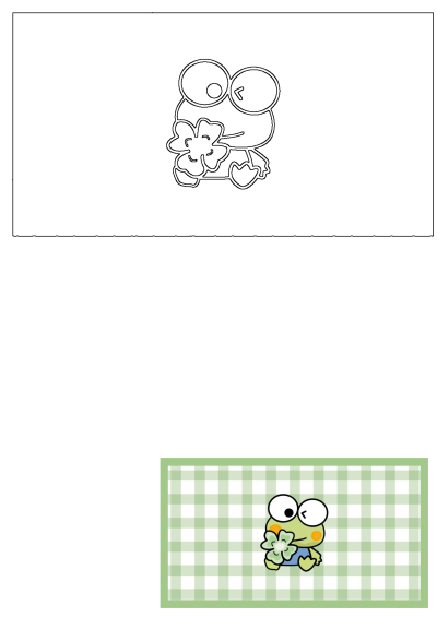 Cartoon frog holding a clover against a green checkered background. Cute illustration of a playful frog with a lucky charm.