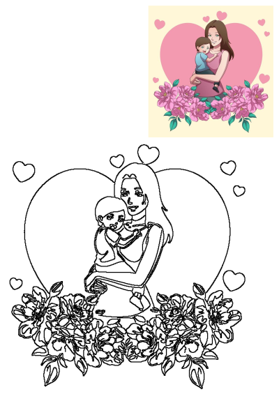 Cartoon image of a woman holding a baby surrounded by pink flowers and heart shapes. A beautiful illustration of mother's love.
