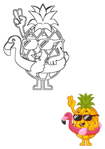 Cartoon pineapple wearing sunglasses, giving a peace sign and holding a pink flamingo floaty. Ready for summer fun and good vibes!