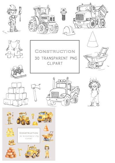 Watercolor construction clipart set featuring construction equipment, people and building tools. Ideal for crafting, decoration or educational projects.