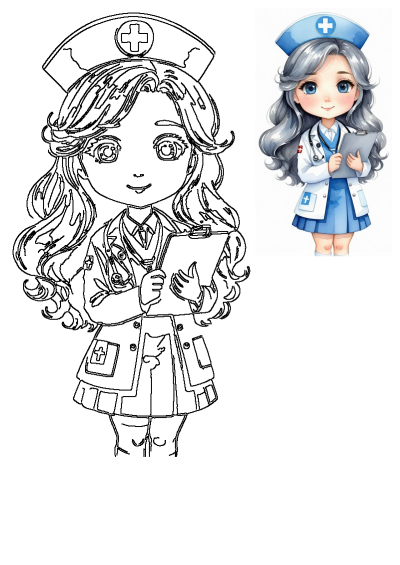 Cartoon image of a young nurse with gray hair, blue uniform, stethoscope, and clipboard, representing healthcare and medical professionals.