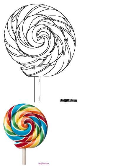 A vibrant, colorful swirl lollipop with red, orange, yellow, green, and blue stripes. A sweet candy treat.