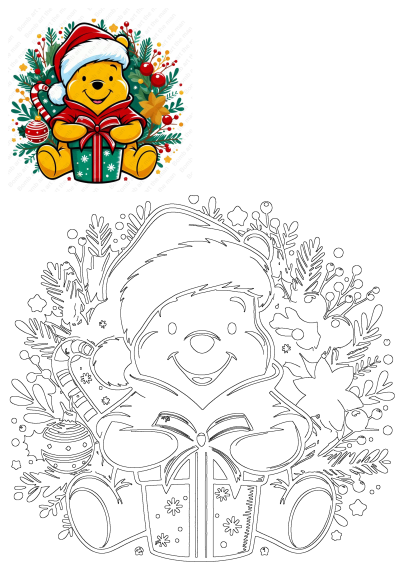 a teddy bear wearing a santa hat and holding a gift box with christmas decorations around it