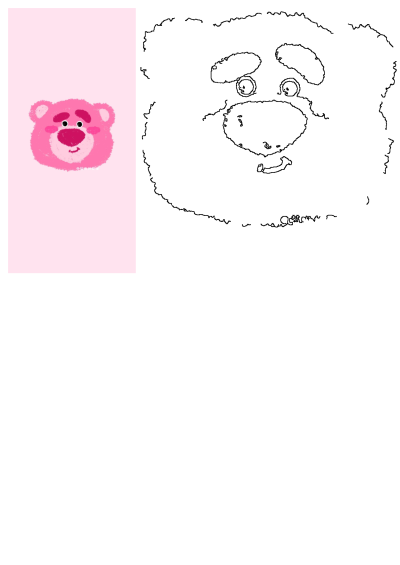A charming illustration of Lotso the teddy bear from Toy Story, depicted in a soft pink palette with big, expressive eyes, giving a smiling impression.