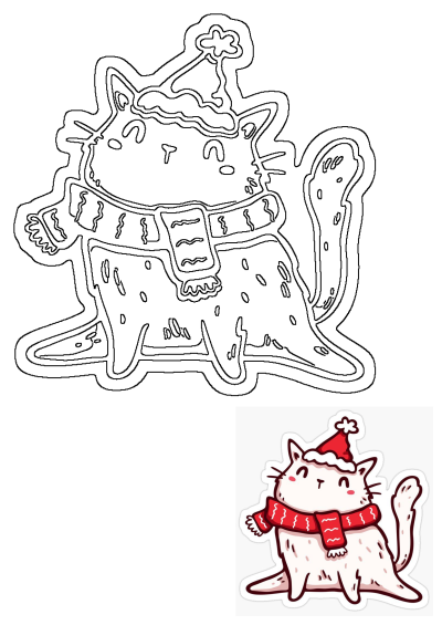 Cute cartoon cat in Santa hat and scarf. Includes a black-and-white outline and a colorful sticker of the festive feline.