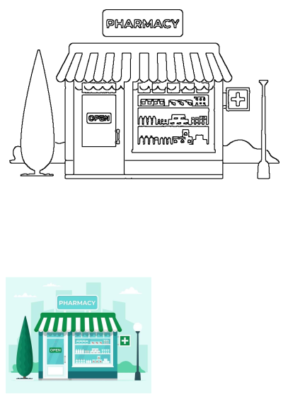 Cartoon image of an open pharmacy store with a green and white striped awning, a green open sign, and trees in front of it in a city.