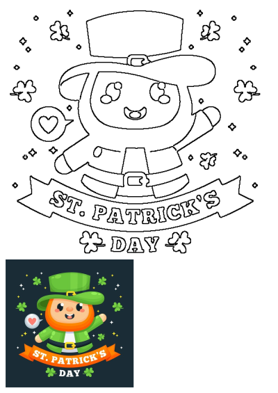 St Patrick's Day poster with a cartoon leprechaun wearing green clothes and hat, surrounded by shamrocks and a 'St Patrick's Day' banner.