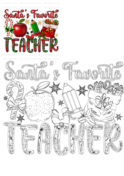 Santas Favorite Teacher Christmas graphic design featuring an apple, pencil, candy cane, gifts, and 'Santa's Favorite Teacher' text.