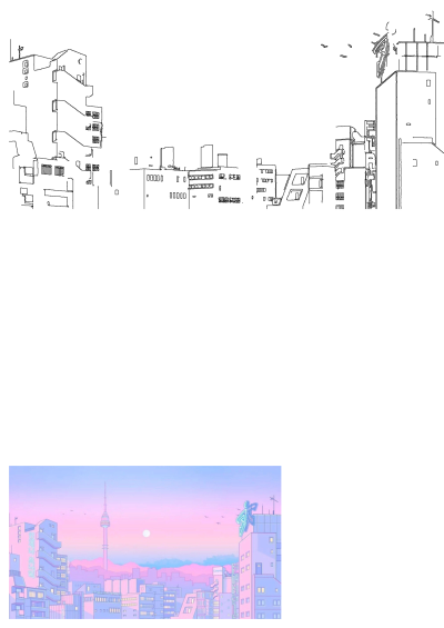 A pastel aesthetic cityscape with the Seoul Tower rising above buildings under a soft pink and blue sky. A neon sign is visible.